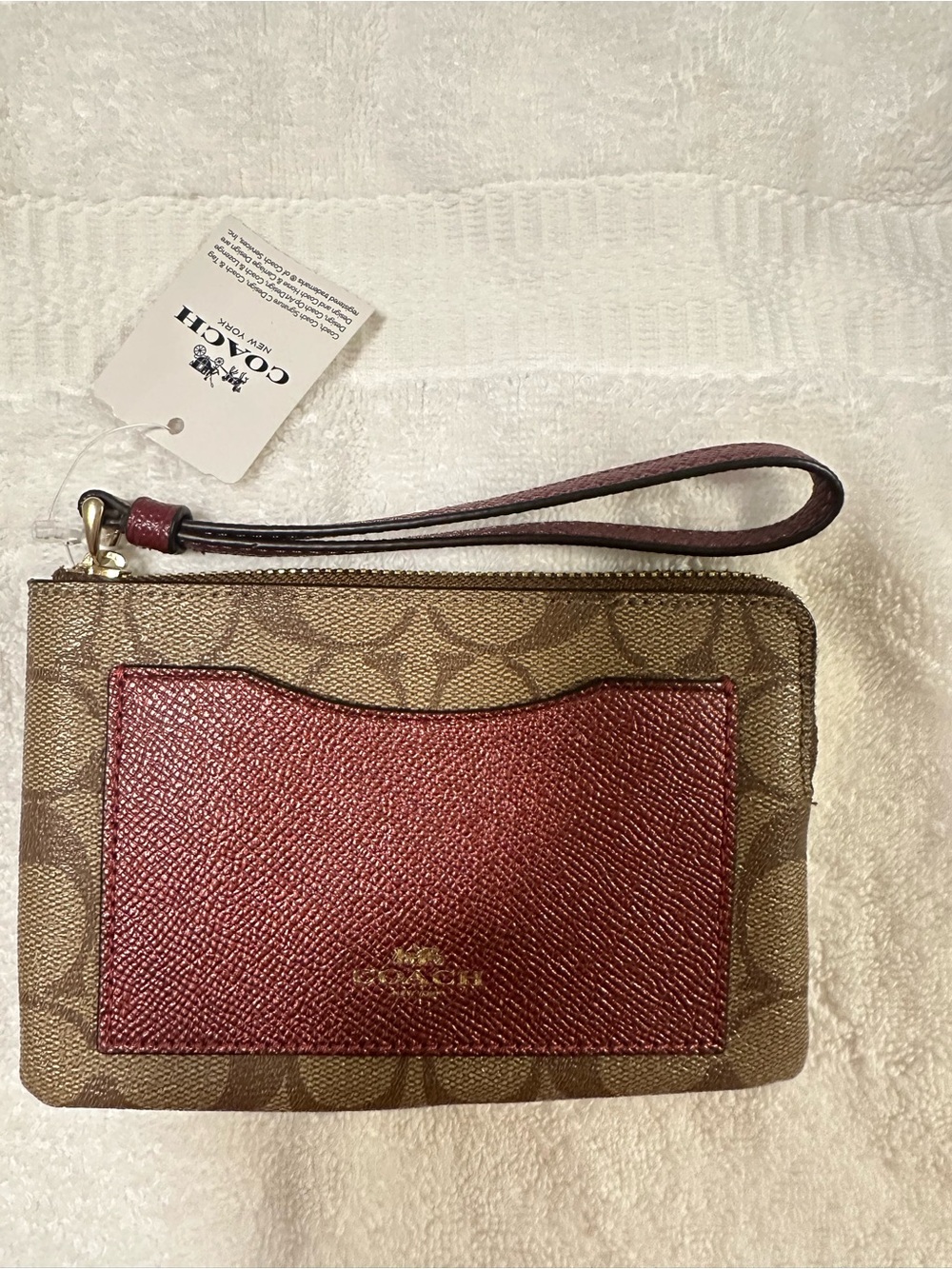 Coach Brown Signature Canvas Wristlet with Red Card Pocket